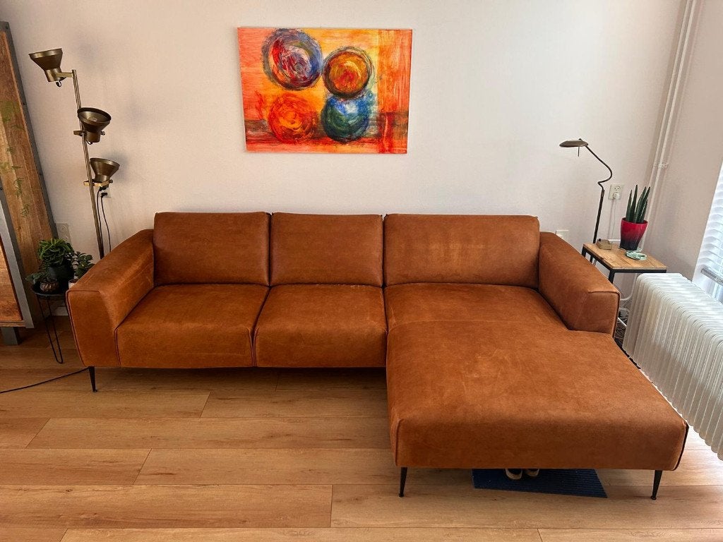 Leren bank met chaise longue, Ophalen, Gebruikt, Driepersoons, Leer