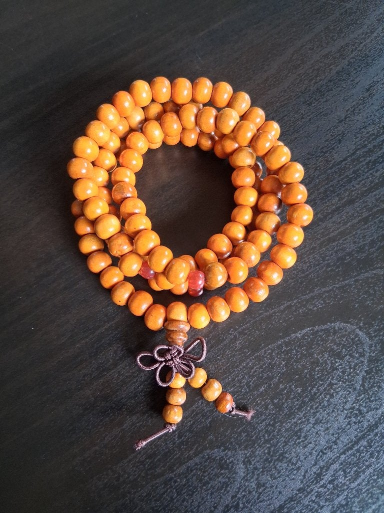 Mala armband-ketting houten kralen warm geel, Ophalen of Verzenden, Nieuw, Hout, Met bedels of kralen