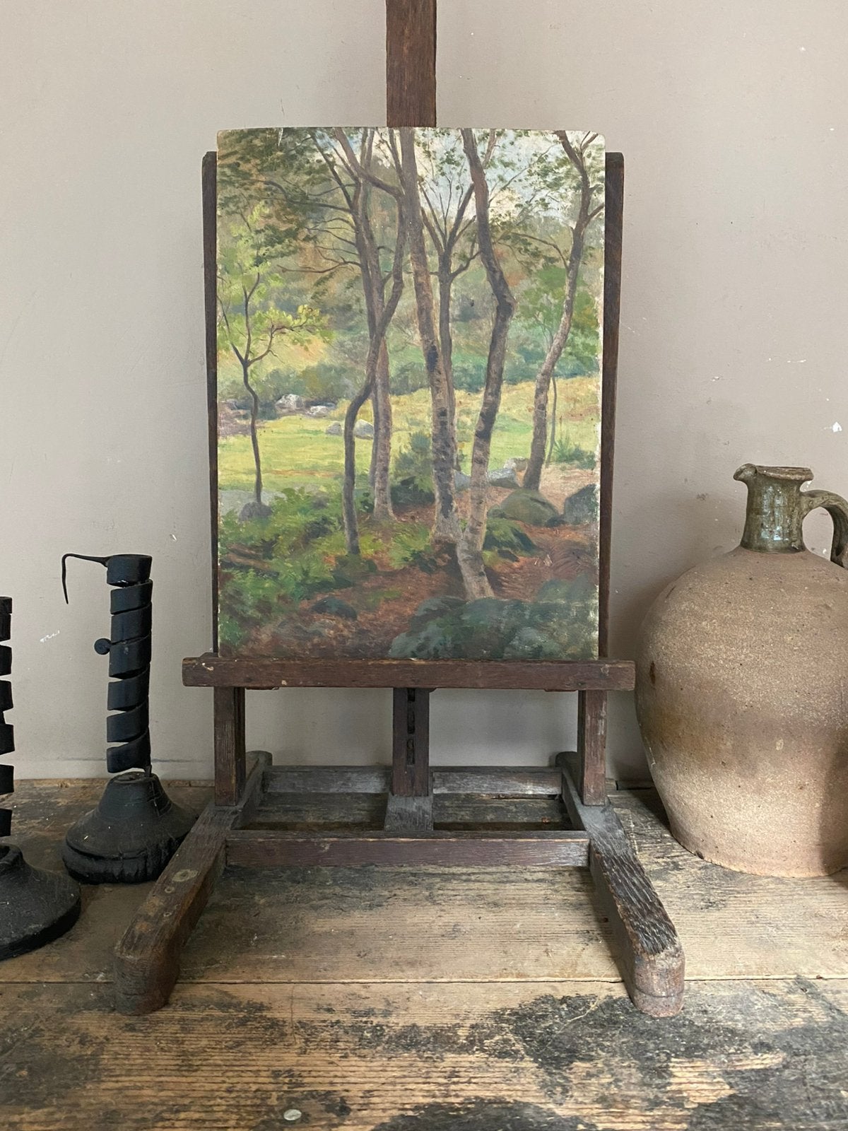 Antiek frans schilderij, berken bos, Ophalen of Verzenden