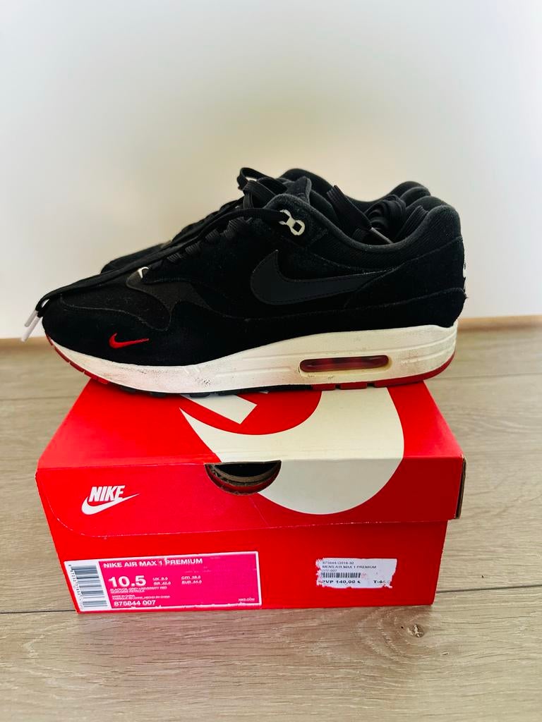 Nike Air Max 1 Premium 'Bred' EU44,5 US10,5 met doos, Ophalen of Verzenden, Zo goed als nieuw, Zwart, Sneakers of Gympen
