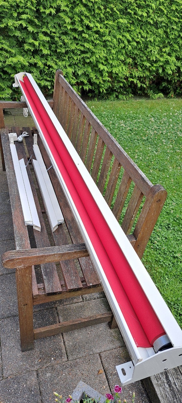 Sunmaster Elektrisch Uitvalscherm - Rood doek, Tuin en Terras, Zonneschermen, Ophalen, Elektrisch, Zo goed als nieuw, 250 cm tot 450 cm