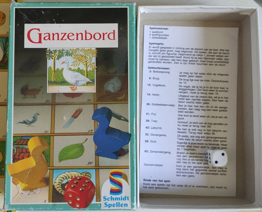 klein ganzenbord met 4 houten ganzen als pionnen, Schmidt Spiele, Ophalen of Verzenden, Zo goed als nieuw, Een of twee spelers