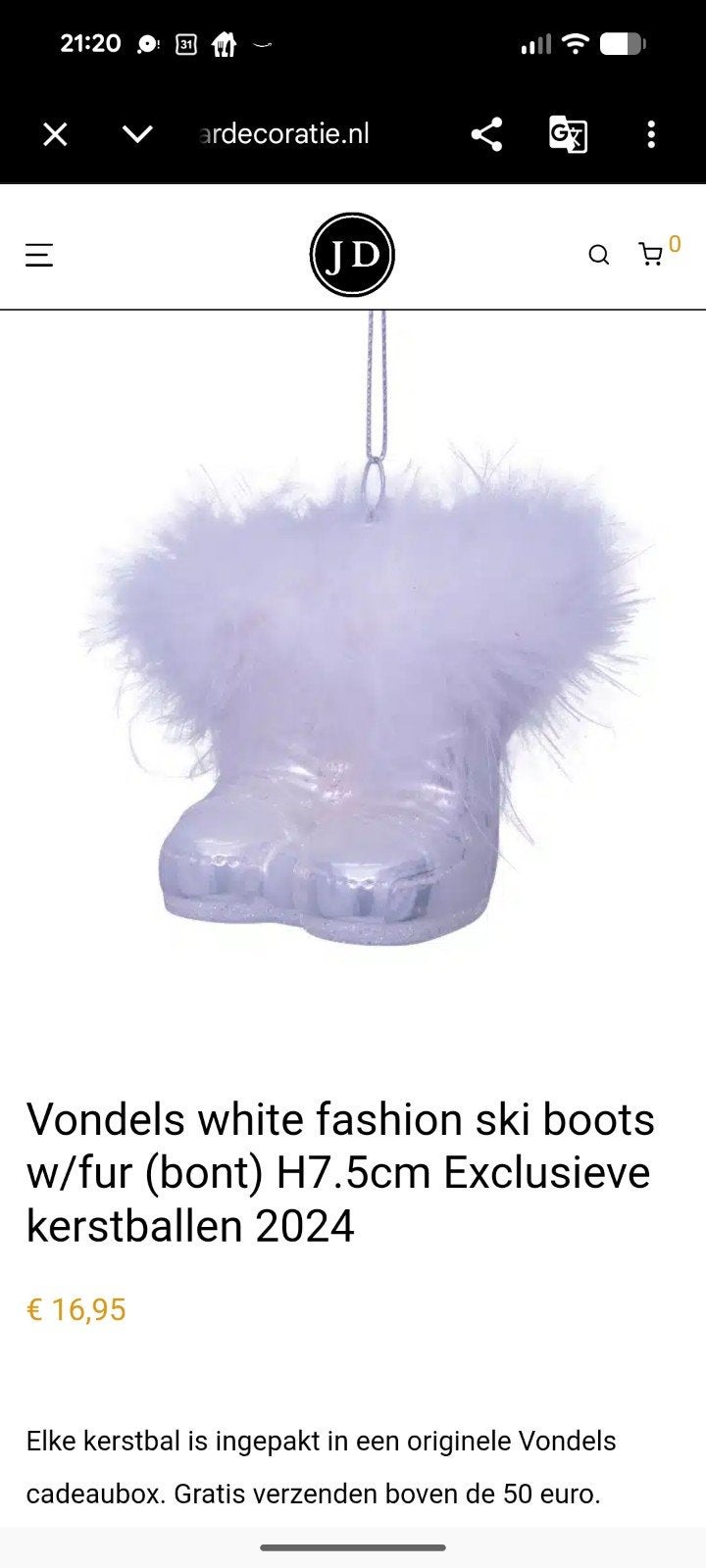 Vondels Witte Fashion Skischoenen Kerstbal H7.5cm, Ophalen of Verzenden, Nieuw, Wit, Glas