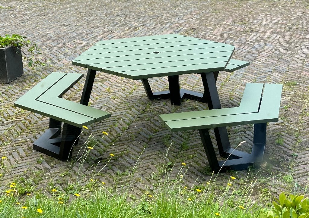 Picknicktafel Rosande Hexagon - Demomodel!, Ophalen of Verzenden, Zo goed als nieuw, Rond, Staal