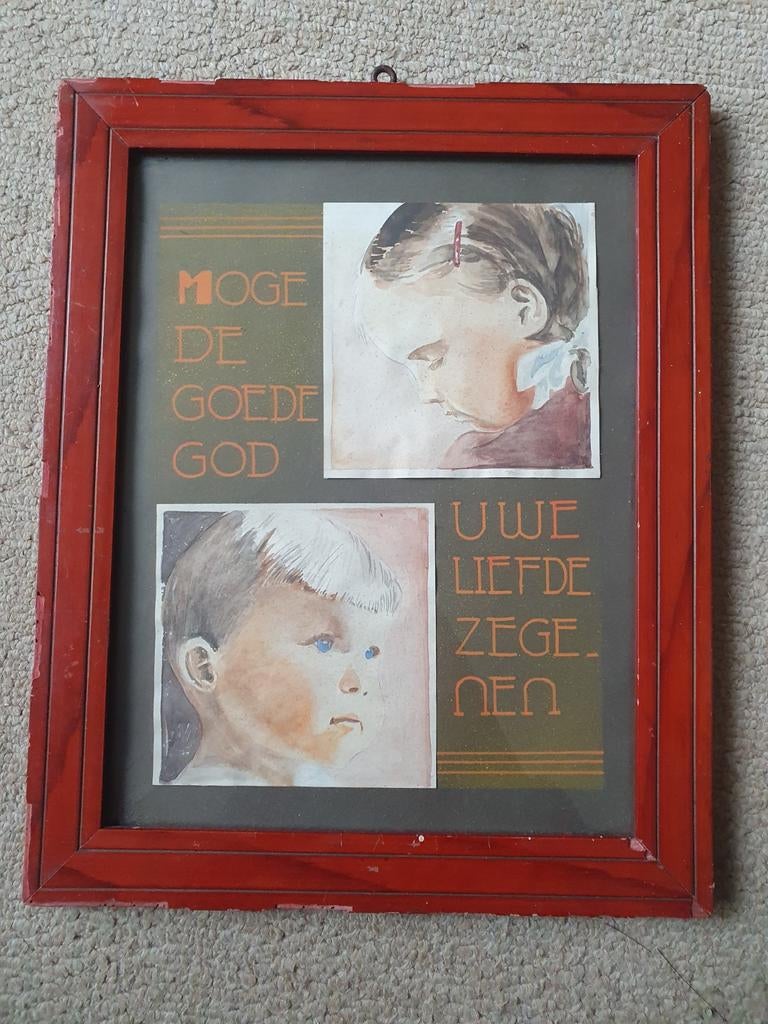 Antiek ingelijste kinderportretten met religieuze zegenbede, Huis en Inrichting, Woonaccessoires | Schilderijen, Tekeningen en Foto's