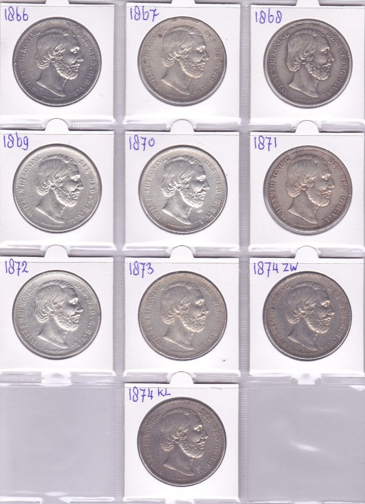 10 rijksdaalders 1866 t/m 1874 Willem 3 voor 650 euro, Ophalen of Verzenden, Koning Willem III, 2½ gulden, Zilver