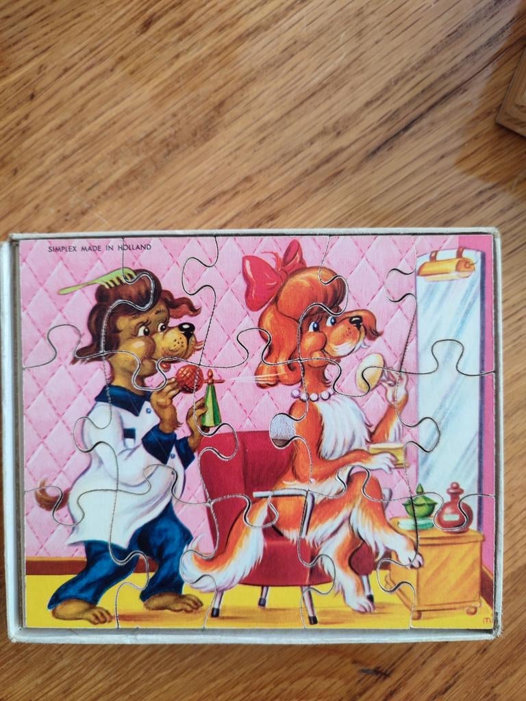 Antieke houten Simplex puzzel 15 stukjes - Honden Kapper, 2 tot 4 jaar, Gebruikt, 10 tot 50 stukjes, Ophalen of Verzenden