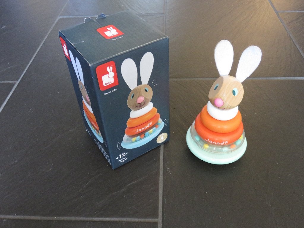 Janod, houten stapeltuimelaar konijn met kralen., Kinderen en Baby's, Ophalen of Verzenden, Zo goed als nieuw