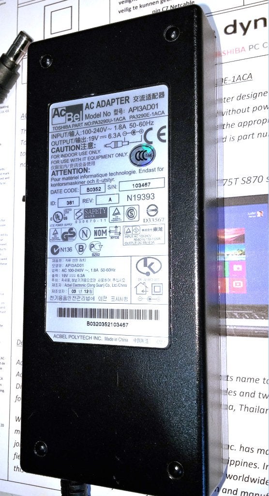 AcBel API3AD01 Toshiba PA3290U-1ACA 19V 6.3A 120W Adapter, Ophalen of Verzenden, Zo goed als nieuw, Toshiba Dynabook