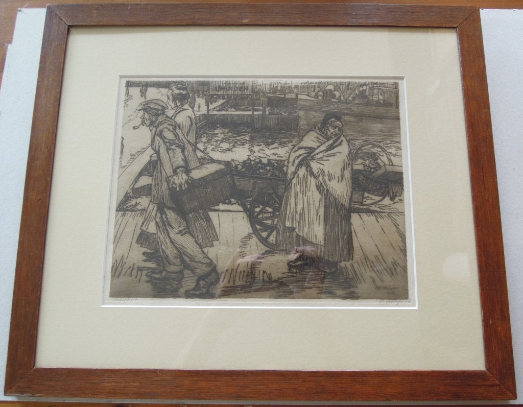 Ets Henk Meyer, bij centraal station Amsterdam  1916, Ingelijst, 33 cm, 25 cm, Ets