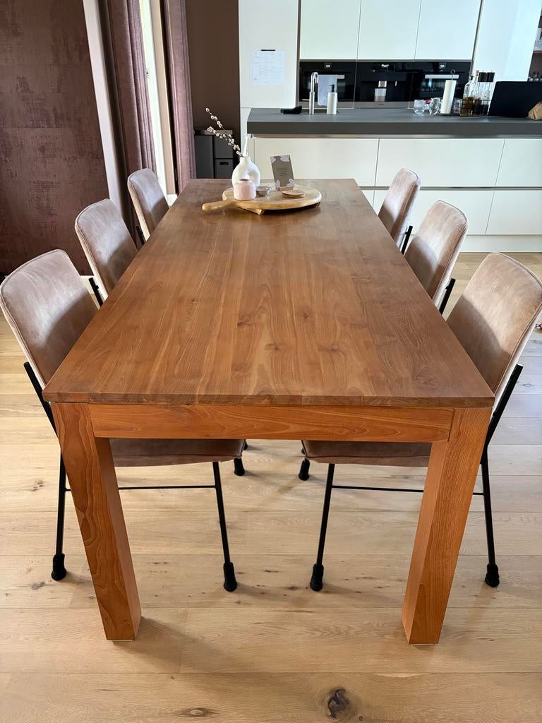 Teakhouten eettafel 220x90x79 cm - Gebruikt, Ophalen, Gebruikt, Teakhout, 200 cm of meer