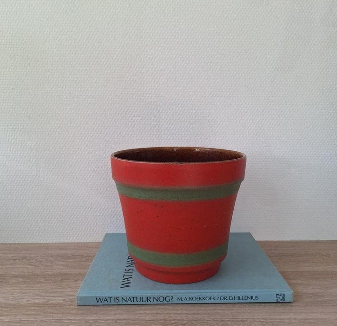 Vintage zware grote rood/groene bloempot, Tuin en Terras, Bloempotten, Rond, Ophalen of Verzenden, Zo goed als nieuw, Aardewerk