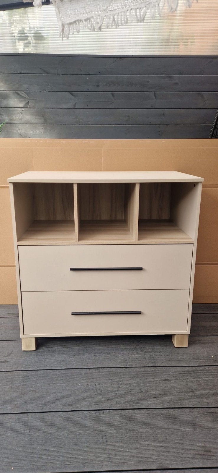 Babybedje en commode (taupe), Ophalen, Gebruikt, 70 tot 85 cm, 140 tot 160 cm