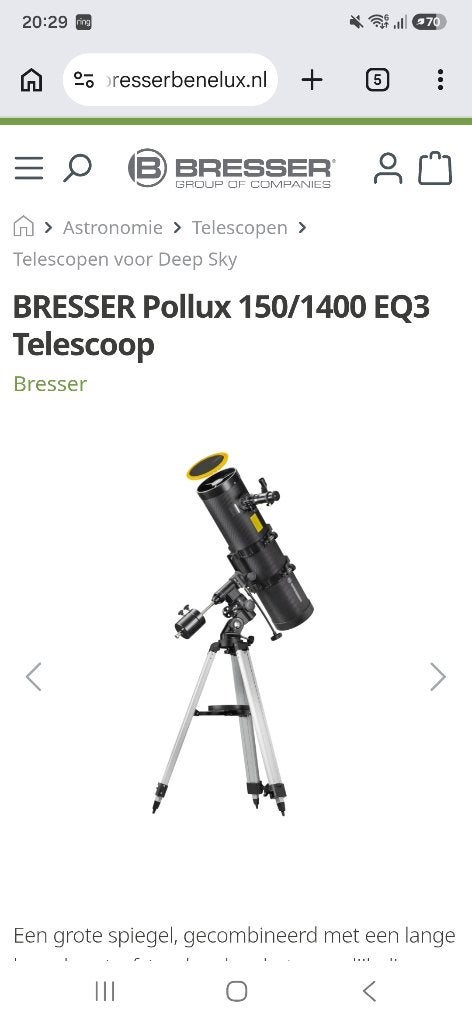 BRESSER Pollux 150/1400 EQ3 Telescoop, Gebruikt, 80 tot 200 mm, Met statief, Spiegeltelescoop (reflector)