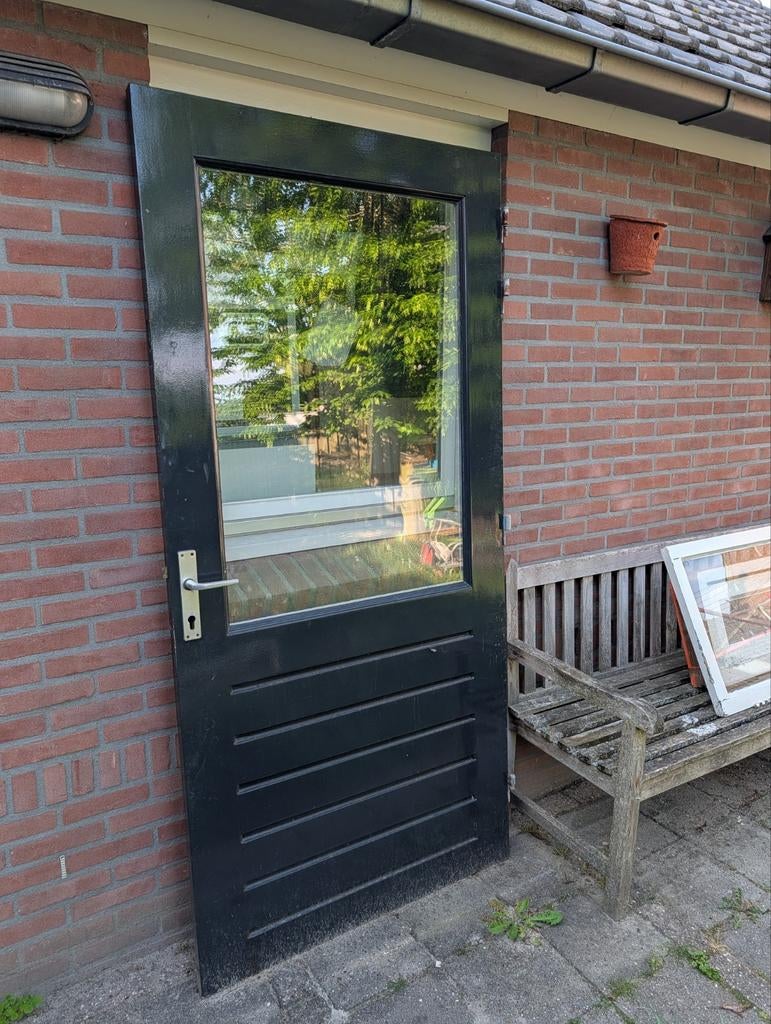 Zware hardhouten buitendeur met glas, Doe-het-zelf en Verbouw, Deuren en Horren, Gebruikt, Buitendeur, 200 tot 215 cm, 80 tot 100 cm