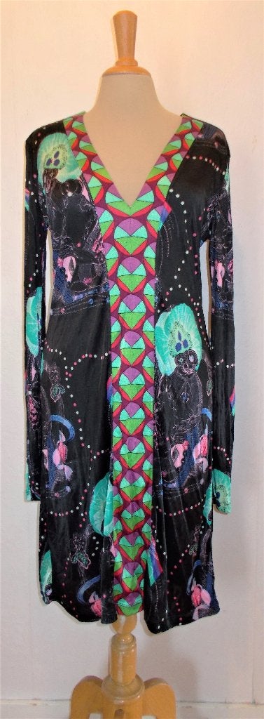 Aparte zwarte print jurk van Custo (Barcelona) L, Kleding | Dames, Maat 38/40 (M), Zo goed als nieuw, Onder de knie, Meerkleurig
