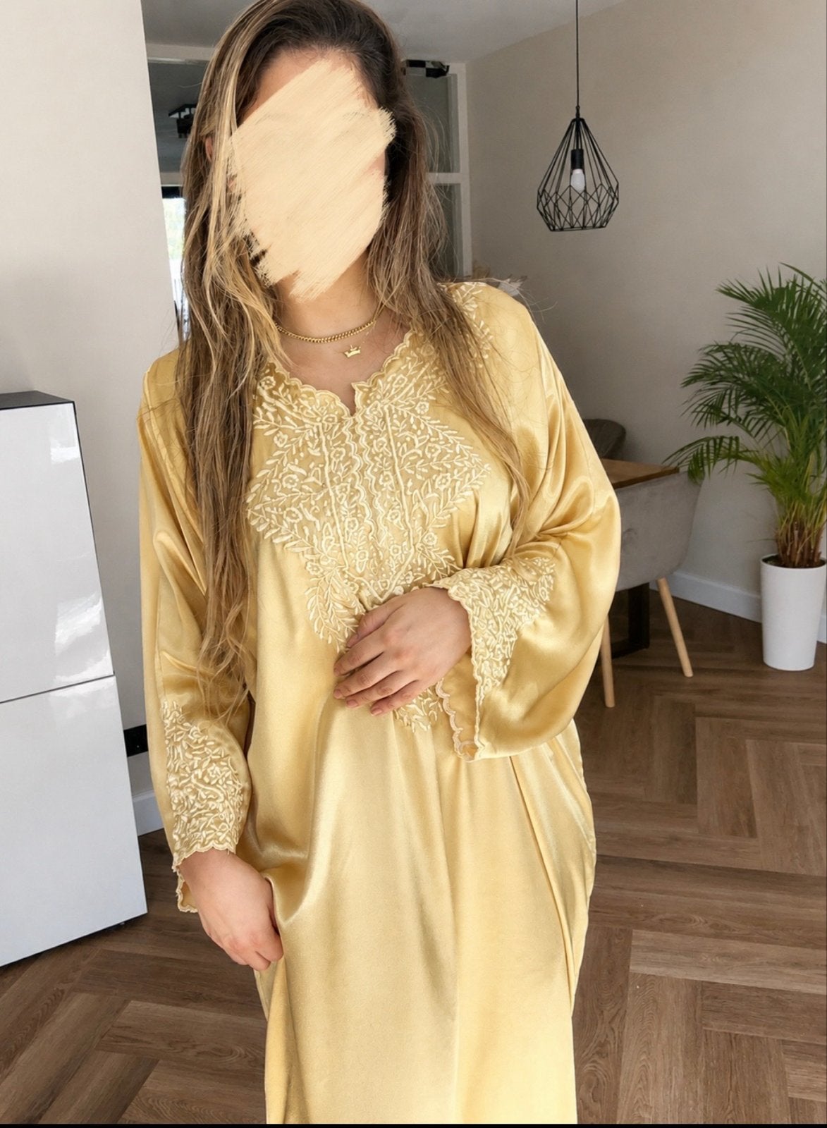 Vintage Marokkaanse Kaftan in Satijn - Handgemaakt, Maat 46/48 (XL) of groter, Ophalen of Verzenden, Zo goed als nieuw, Goud