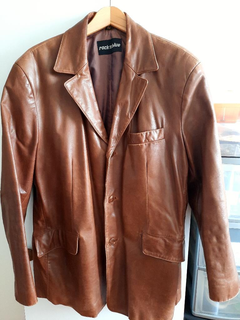fraaie stoere-Leren jas colbert stijl cognac kleur mt54, Ophalen, Gedragen, Maat 52/54 (L), Bruin