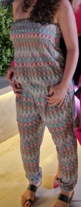 Regenboog jumpsuit maat s m jumpsuits broekpak rainbow, Verzenden, Zo goed als nieuw, Maat 36 (S), Meerkleurig