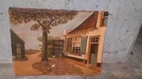 Oud olieverf schilderij: boerderij met boom, Antiek en Kunst, Kunst | Schilderijen | Klassiek, Nederlandse school, Doek, Ophalen of Verzenden
