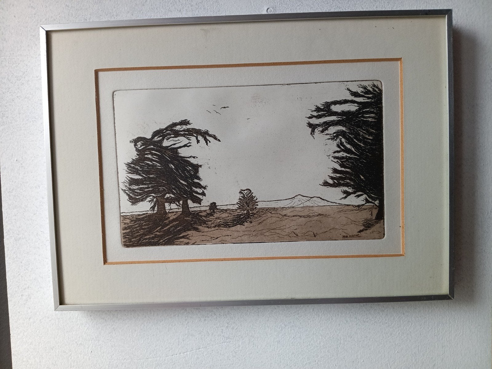 Prachtige Sepia Ets - Landschap door John Hunting, Ophalen of Verzenden, Landschap, Ets