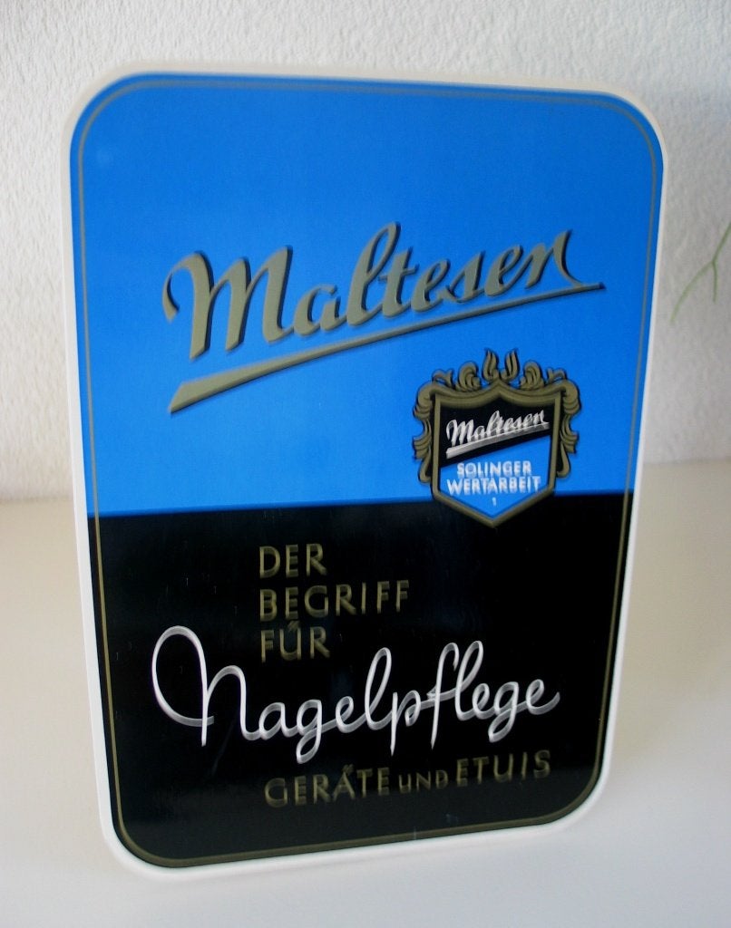 Toonbank reclame kaart Nagelpflege Maltesen 1930 display, Verzenden, Gebruikt, Reclamebord