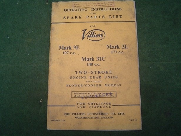 Villiers  9E 197 2L 173 31C 148 1956 instruction parts list, Ophalen of Verzenden, Overige merken