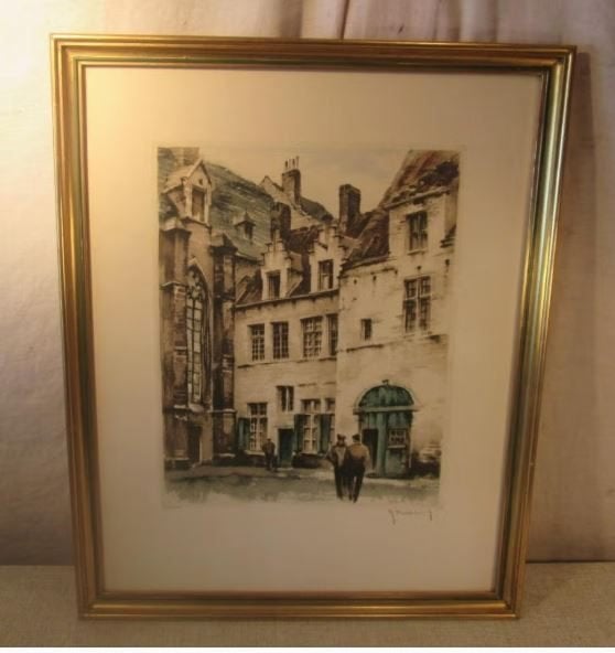 Mooie Oude Ets 'Mensen in de Stad' - Roger Hebbelinck, Antiek en Kunst, Ophalen of Verzenden, Stadsgezicht, Ets, Ingelijst