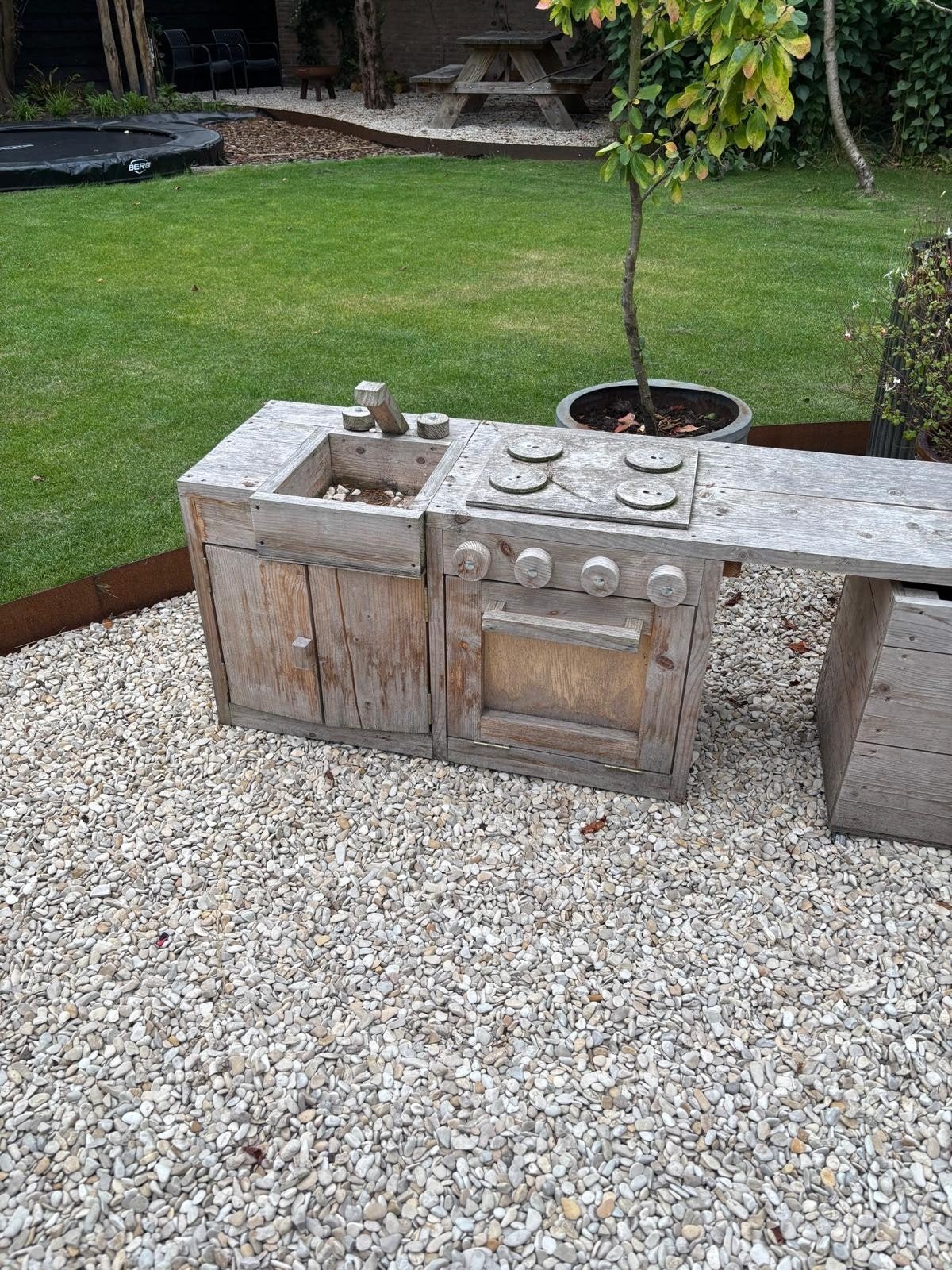 Houten buitenkeuken speelkeuken 180x50x40 cm, Tuin en Terras, Buitenkeukens, Ophalen of Verzenden, Gebruikt, Vrijstaand