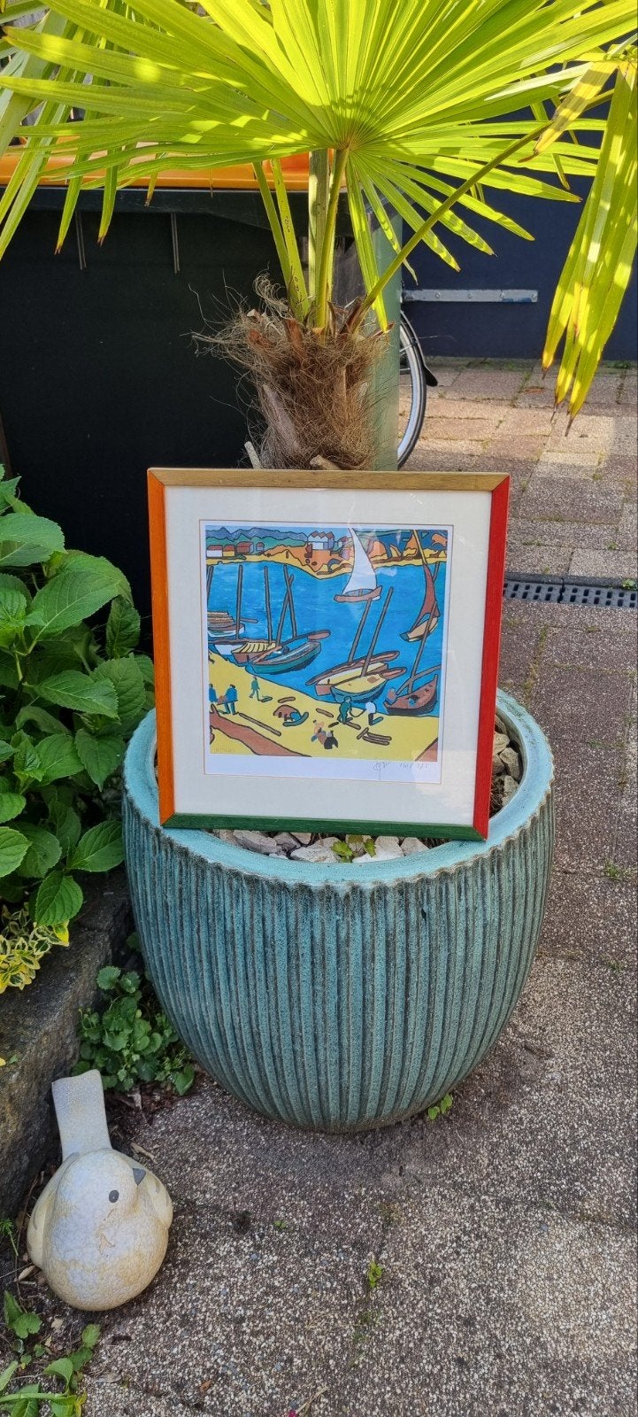 Kleurrijke Zeefdruk H. Potters - Havenzicht met boten, Antiek en Kunst, Ophalen
