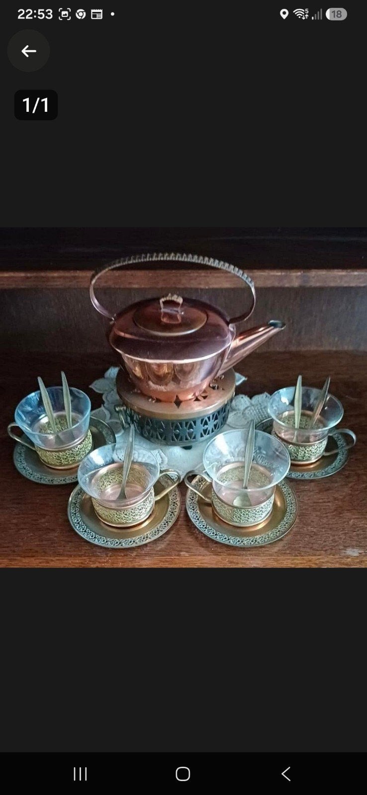 Vintage koperen theeset met glazen kopjes en warmhouder – co, Ophalen of Verzenden