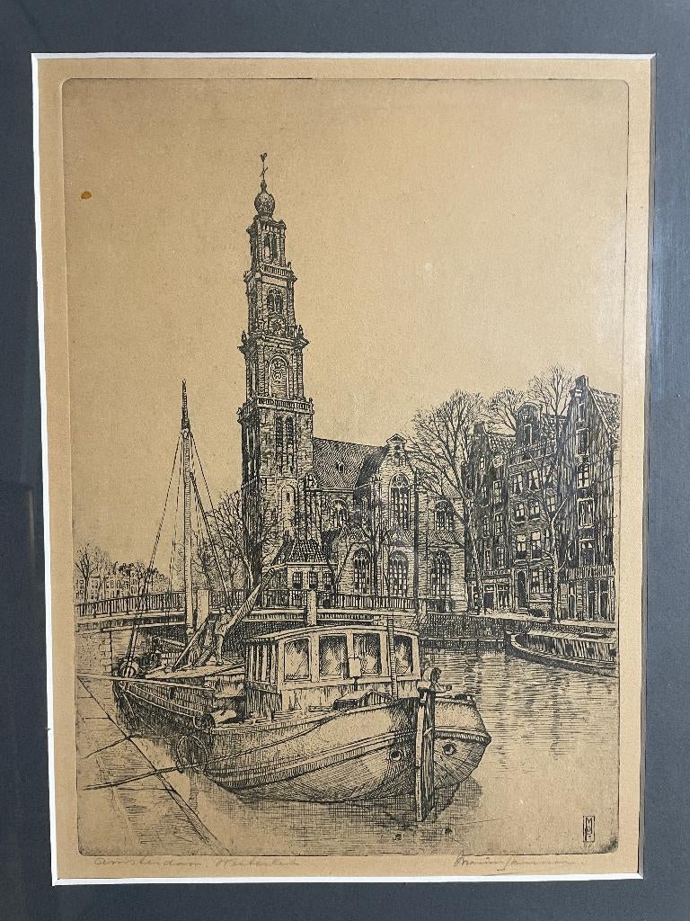 Westerkerk Amsterdam - ets van Marius Janssen, Antiek en Kunst, Ets, Stadsgezicht, Ophalen of Verzenden, 36 cm