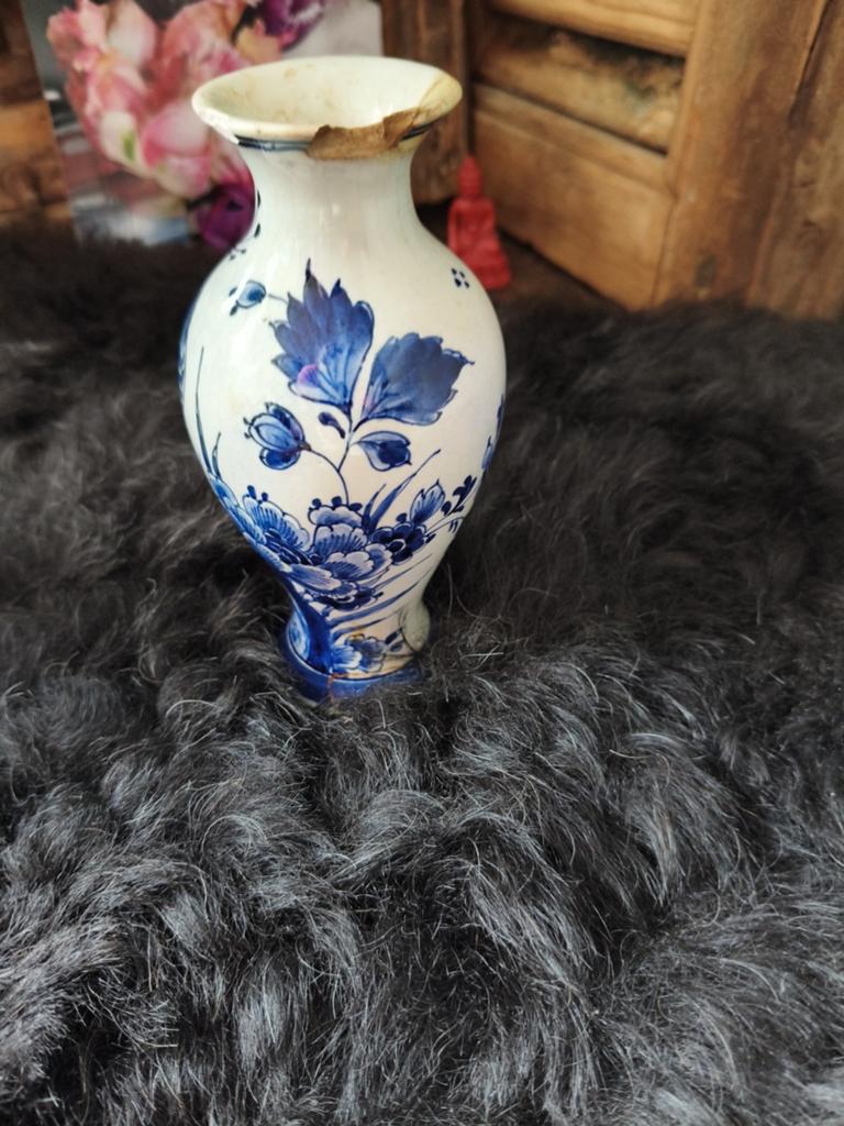 Antieke Delfts Blauwe Vaas met Pauw en Bloemen, Ophalen of Verzenden