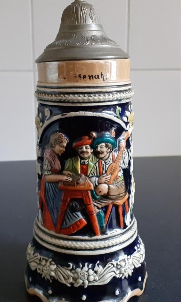 Vintage Duitse Bierpul met Tinnen Deksel en speeldoos, Antiek en Kunst, Ophalen of Verzenden