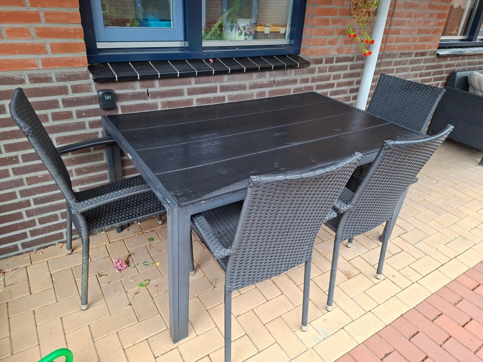 Tuinset met tafel (150x90) en 4 stoelen, Ophalen, 4 zitplaatsen, Gebruikt, Wicker