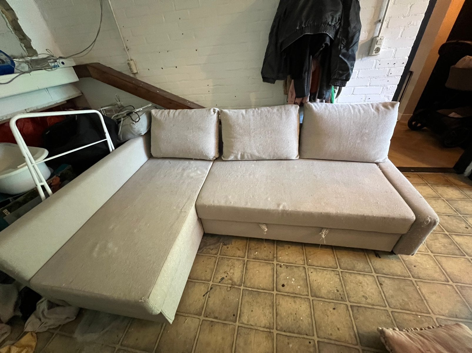 IKEA Friheten hoekbank / slaapbank met opbergruimte – GRATIS, Ophalen, Gebruikt, Beige, Tweepersoons