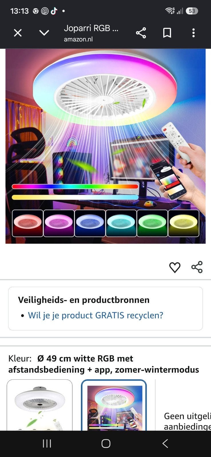 Joparri RGB Plafondlamp met Ventilator en Afstandsbediening, Kunststof, LED, Nieuw, Ophalen of Verzenden