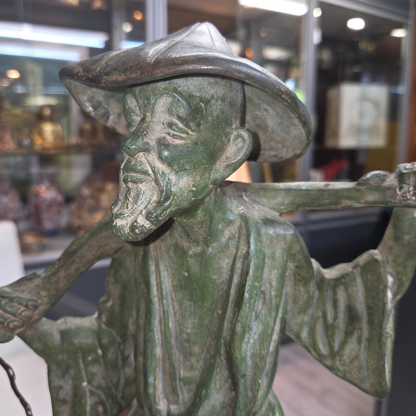 Antieke Chinese bronzen waterdrager op lotusbloem, 49cm, Ophalen of Verzenden