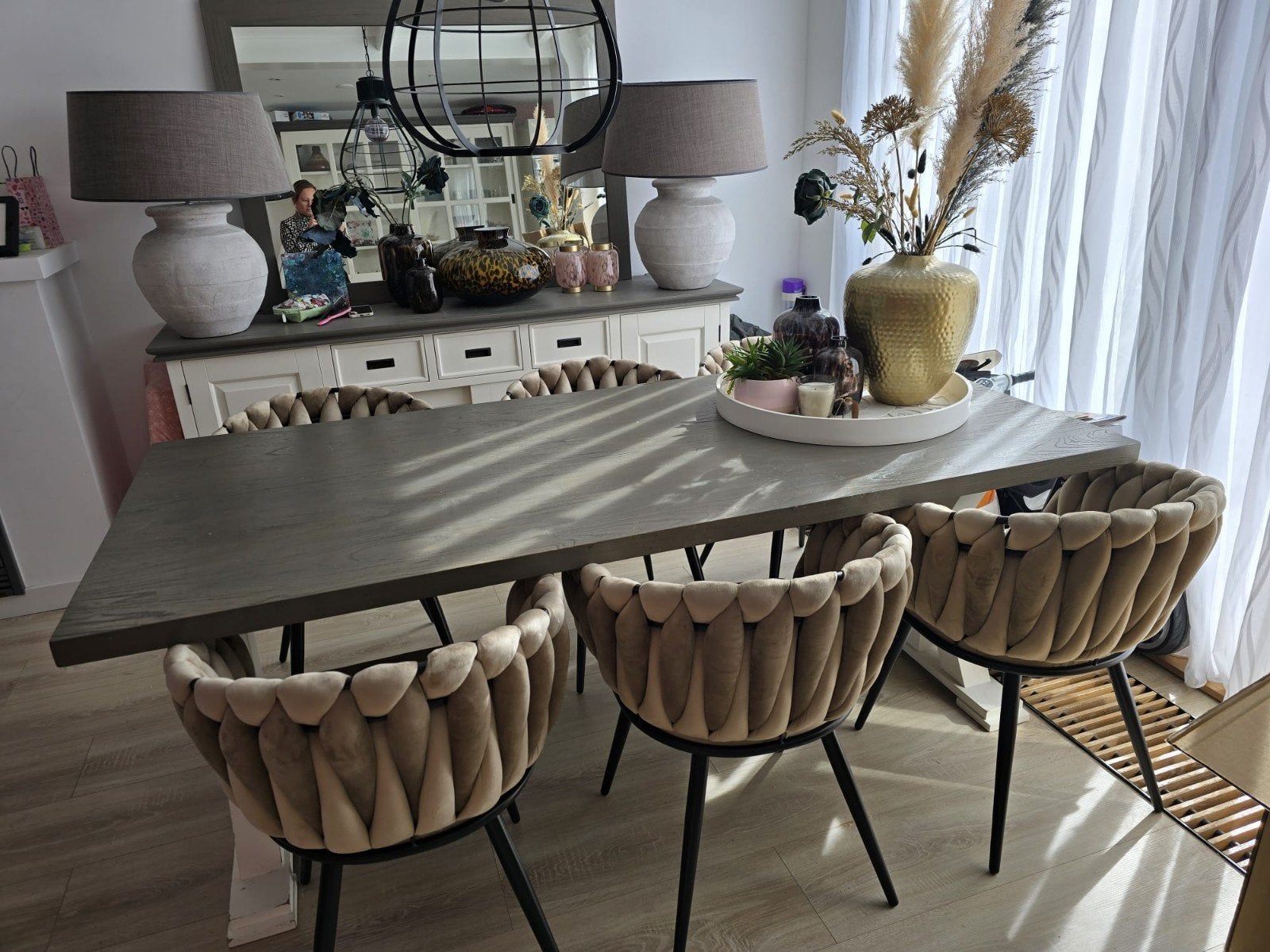 Moderne eettafel zonder stoelen - Grijs/Hout, Modern, Industrieel, 50 tot 100 cm, Zo goed als nieuw, 150 tot 200 cm