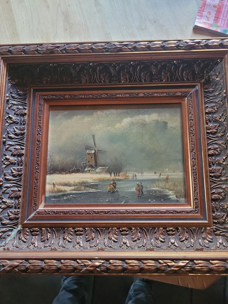 Antiek Hollands winterlandschap schilderij met molen, Antiek en Kunst, Kunst | Schilderijen | Klassiek, Ophalen of Verzenden