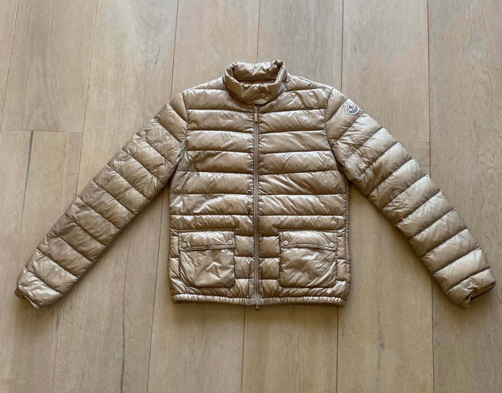 Moncler maat 1 S camel longue saison, Ophalen of Verzenden, Zo goed als nieuw, Maat 36 (S), Beige