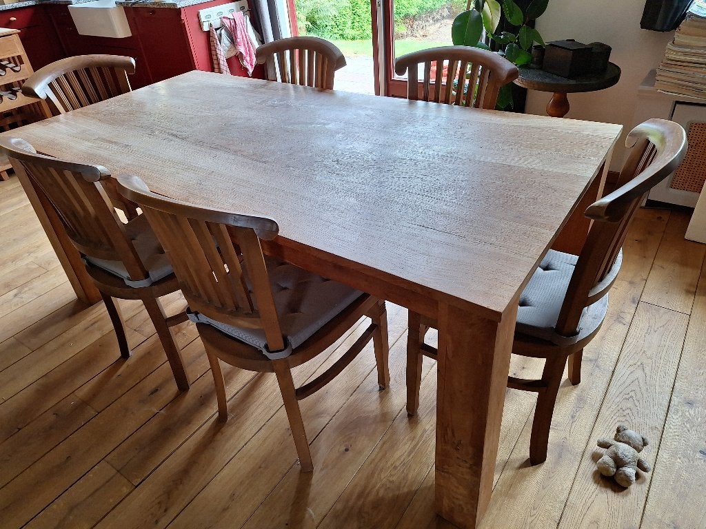 Teakhouten tafel met 6 stoelen, Ophalen, Gebruikt, Teakhout, 50 tot 100 cm