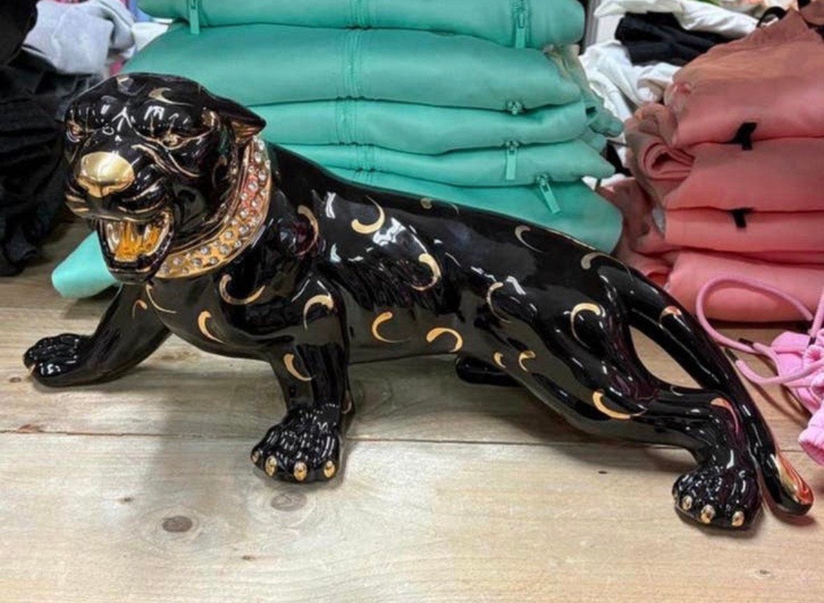 Grote Capodimonte Panter Zwart met 24kt Bladgoud en Swarovsk, Ophalen of Verzenden