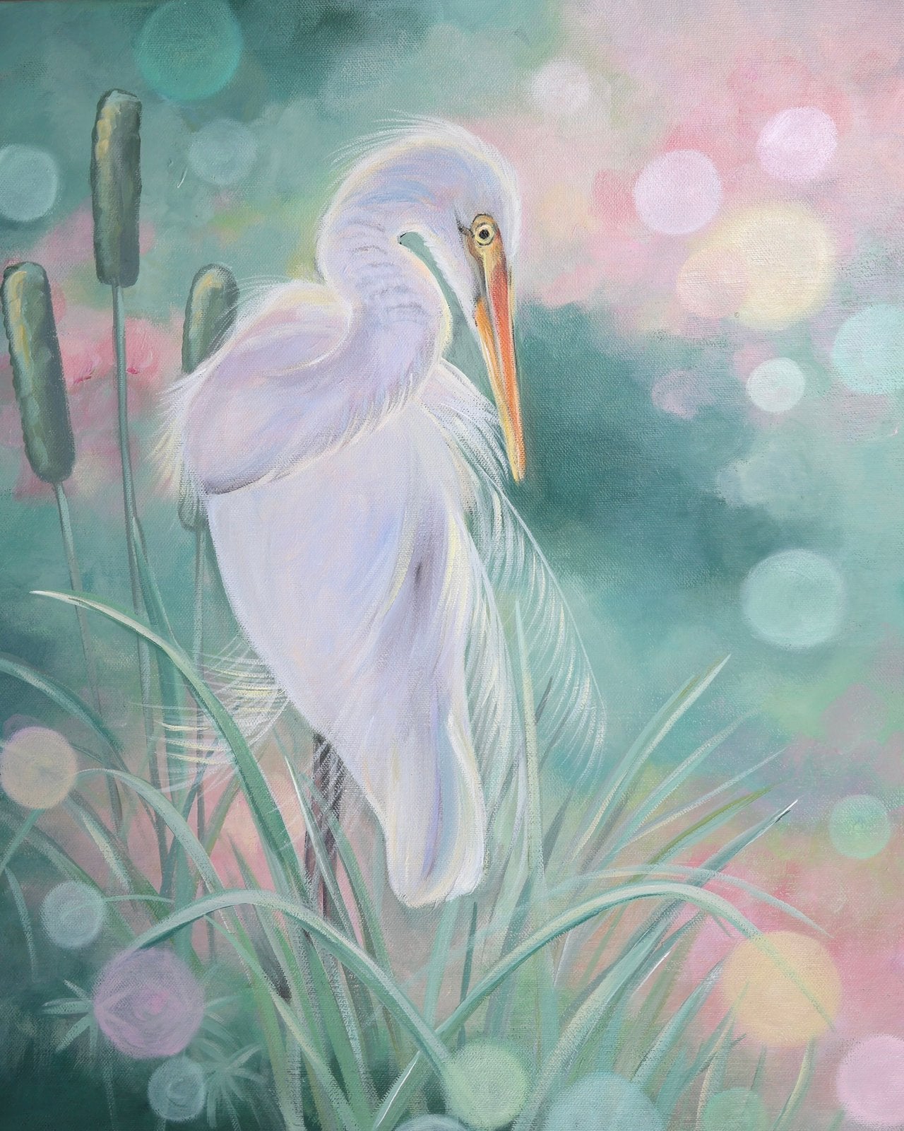 Schilderij zilverreiger, Acrylverf, Ophalen of Verzenden, Dieren, Overige materialen