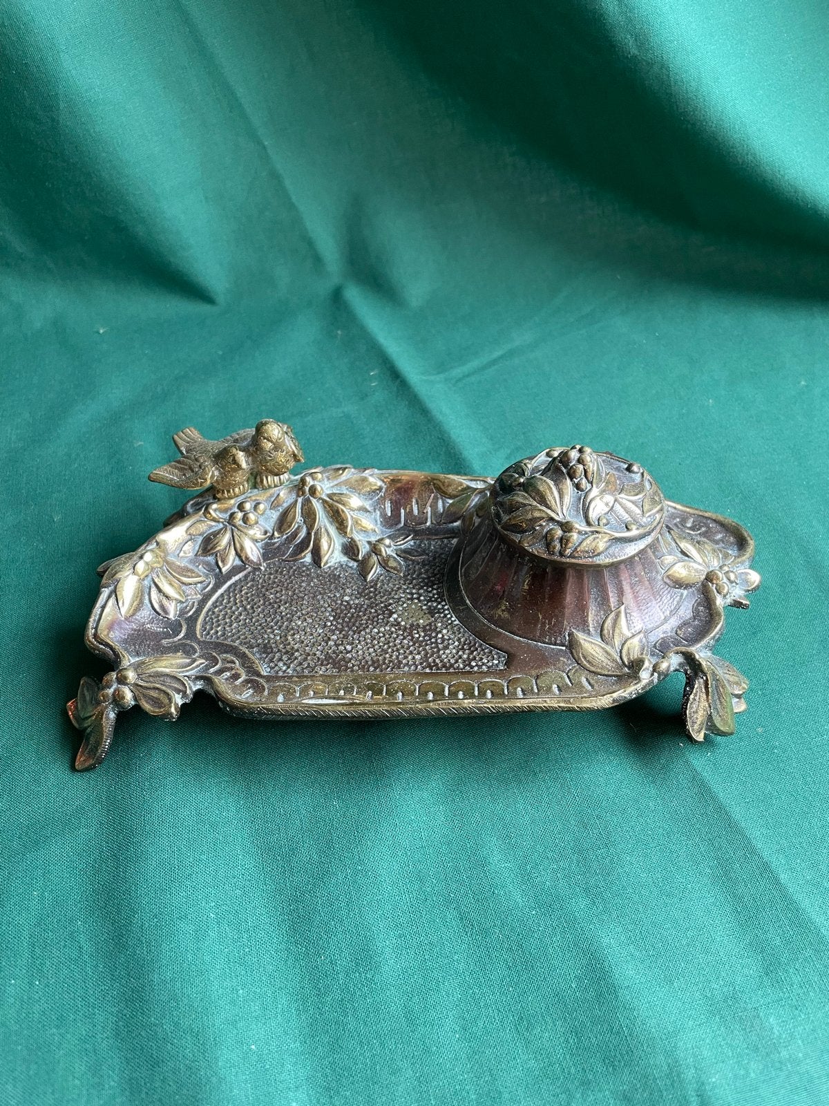 Antieke bronzen inktpot met vogel en bladeren, Ophalen of Verzenden