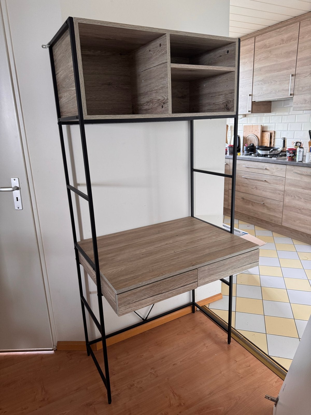 Compact bureau met opbergrek en 2 lades, 80 cm breed, Ophalen, Gebruikt, Hout, Industrieel