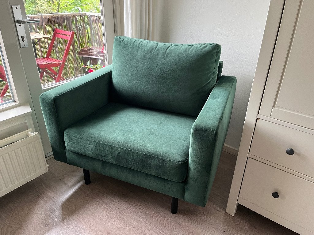 Groene fluwelen fauteuil, Huis en Inrichting, Fauteuils, Ophalen, 75 tot 100 cm, Zo goed als nieuw, 75 tot 100 cm