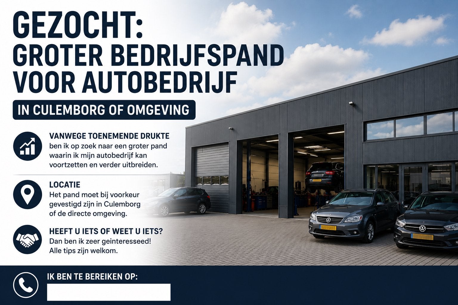 Gezocht: Bedrijfspand voor autobedrijf in Culemborg e.o., Koop, Bedrijfsruimte