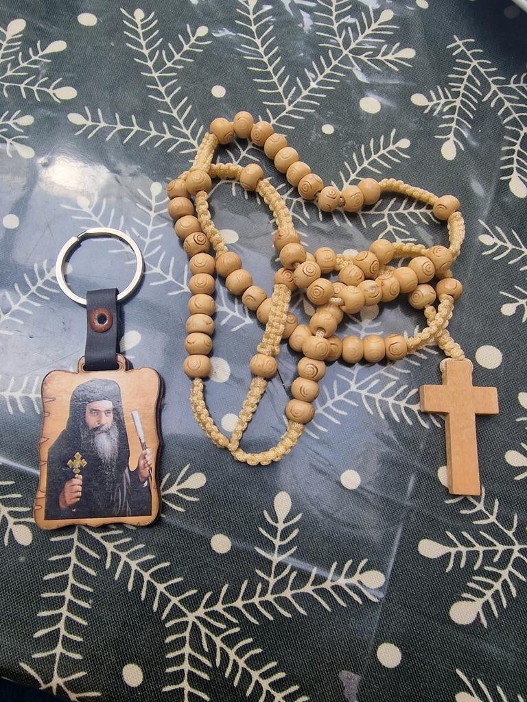 Houten Rozenkrans en Sleutelhanger met Religieus Motief, Ophalen of Verzenden