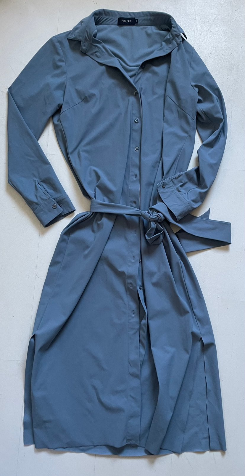 Purdey. Lange jurk.  Vest -Jas. Travelstof., Ophalen of Verzenden, Zo goed als nieuw, Blauw, Onder de knie